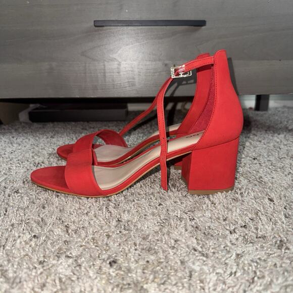 NEW ALDO Red Suede Block Heels Ankle Strap Open Toe Size 9 2.5” Heel - Picture 4 of 11
